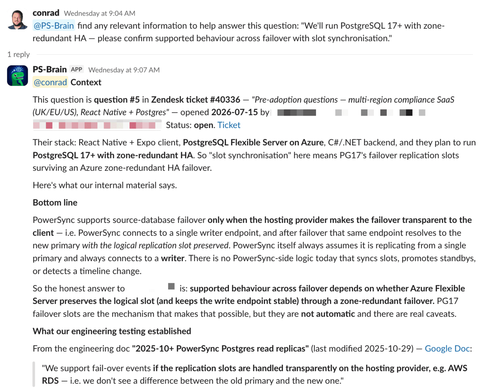 Screenshot of the company brain Slack bot answering a question about PostgreSQL failover support, citing a Zendesk ticket and an internal engineering document.